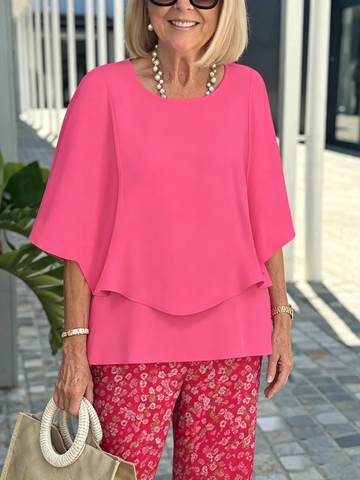 Women's 2 Piece Outfits Set, Crew Neck Flutter Sleeve Layered Blouse & Leaf Print Straight Leg Pants, Casual Loose Matching Two Piece Set for Summer Daily Wear