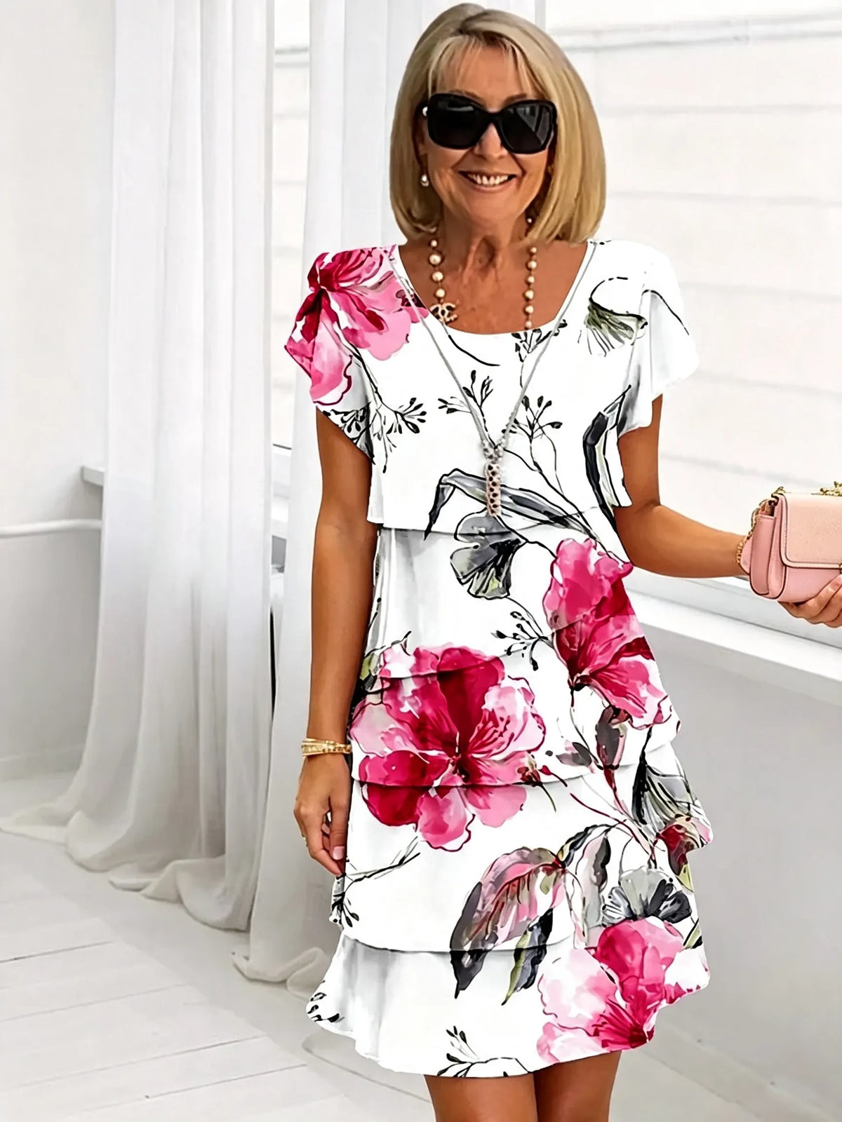 Women's Floral Print Tiered Chiffon Dress, Short Flutter Sleeve Loose Multi-Layer Tummy Covering Shift Dress, Casual Summer Flowy Dress for Daily Vacation Beach