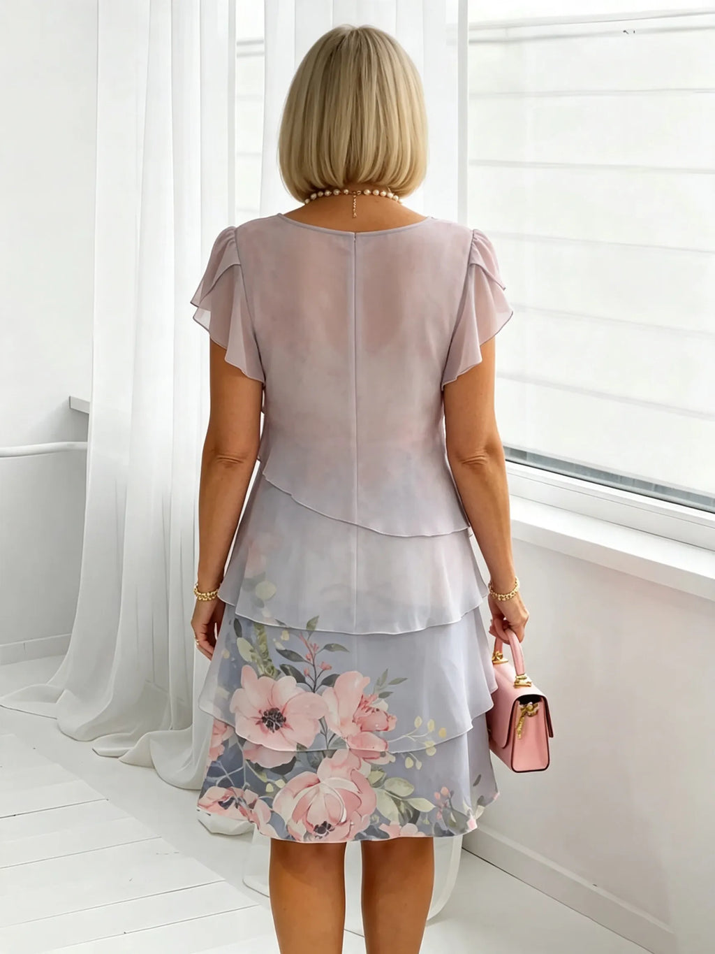 Women's Floral Print Tiered Chiffon Dress, Short Flutter Sleeve Loose Multi-Layer Tummy Covering Shift Dress, Casual Summer Flowy Dress for Daily Vacation Beach