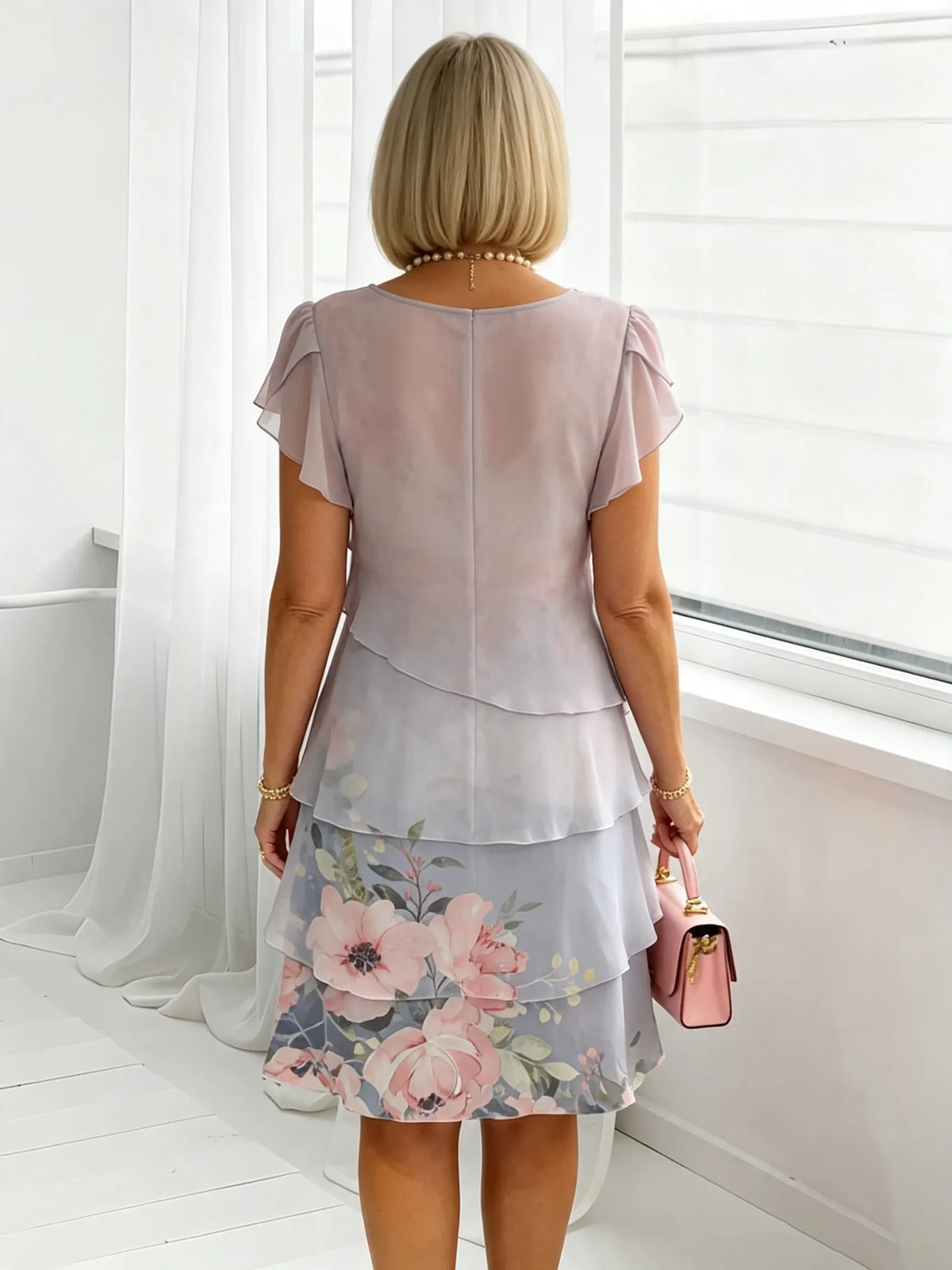 Women's Floral Print Tiered Chiffon Dress, Short Flutter Sleeve Loose Multi-Layer Tummy Covering Shift Dress, Casual Summer Flowy Dress for Daily Vacation Beach