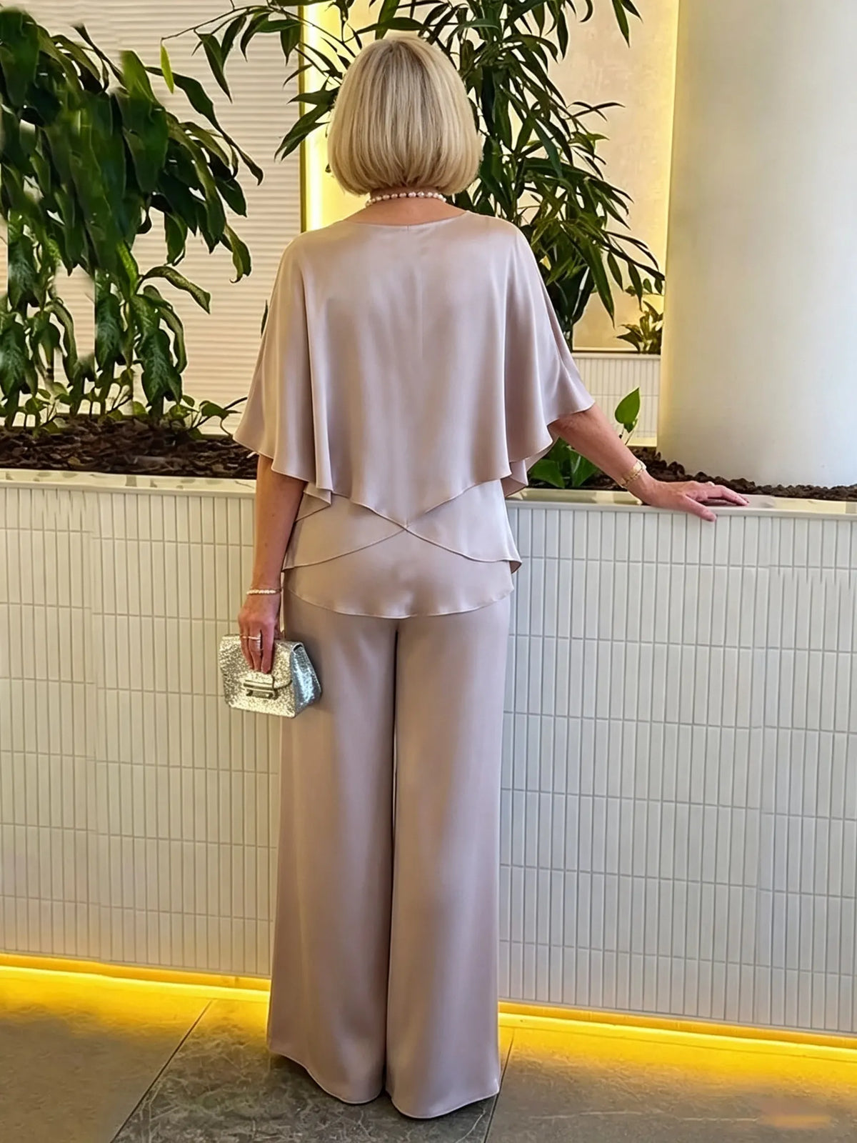 Women's 2 Piece Satin Pantsuit, V Neck Cape Flutter Sleeve Double Layer Tunic Top & Wide Leg Trousers, Elegant Loose Matching Outfit Set for Wedding Guest Formal Occasion