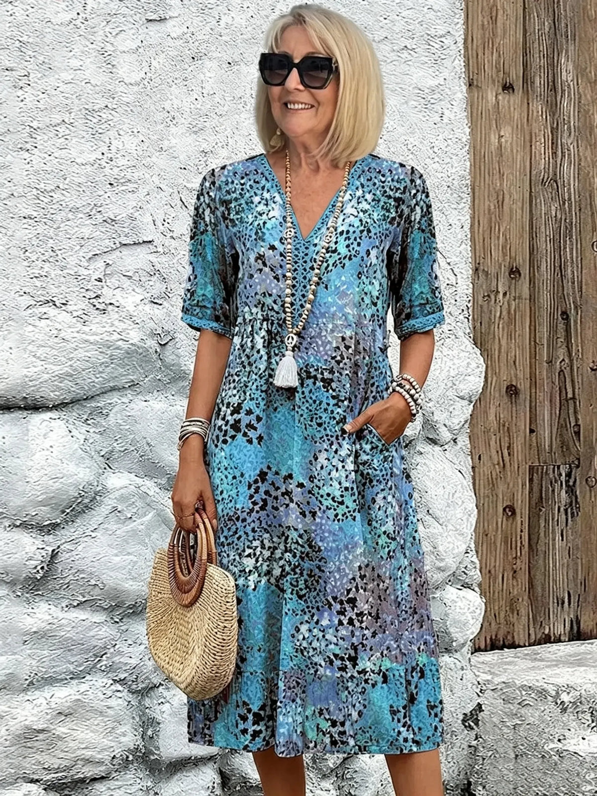 Vacation DRESS Women's Short Sleeve Summer Leopard Lace Dress V Neck Daily Going Out Casual Knee Length A-Line Khaki