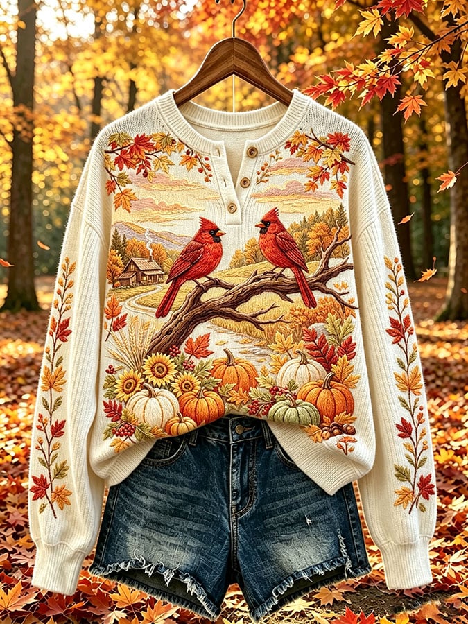 Women's Casual Print Button-Up Collar Knit Top