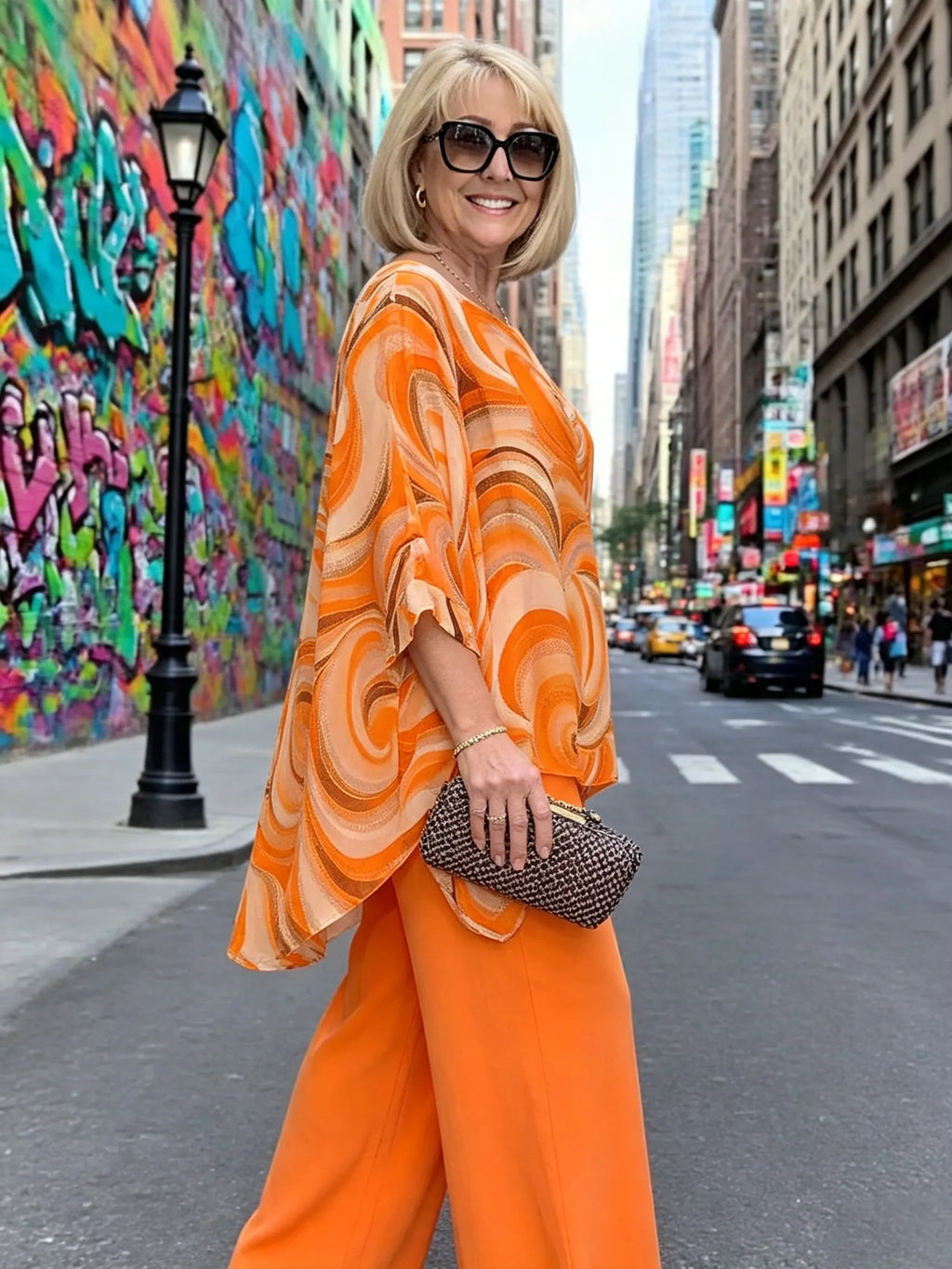 Vibrant Swirl Print Chiffon 2‐Piece Outfit, Loose Boat Neck Tunic Top & Bright Wide‐Leg Pants Set for Women