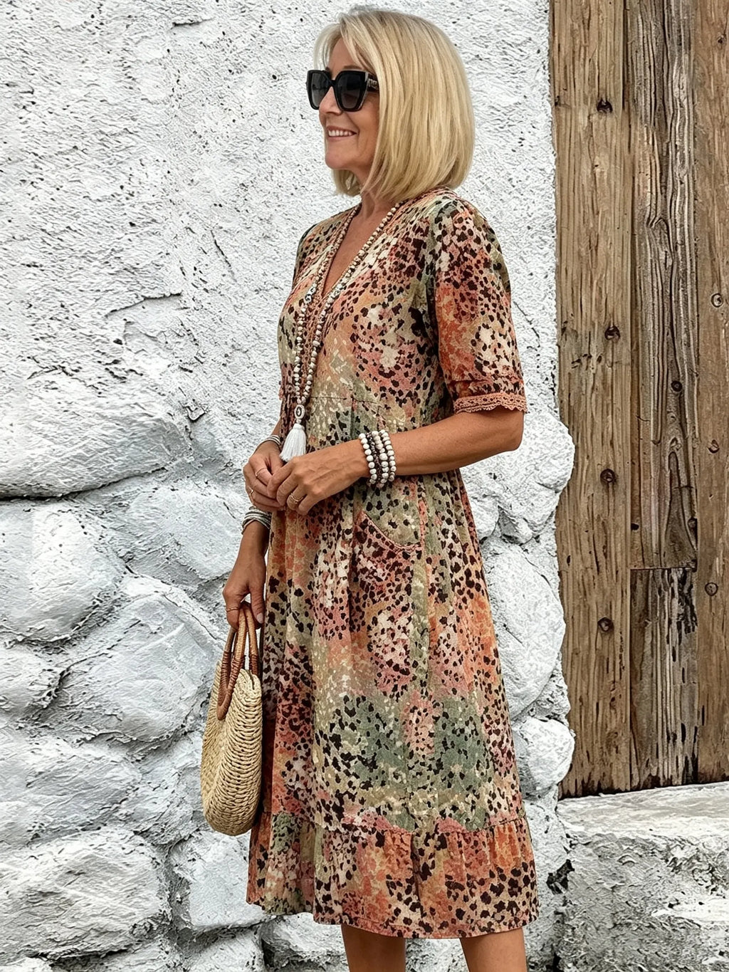 Vacation DRESS Women's Short Sleeve Summer Leopard Lace Dress V Neck Daily Going Out Casual Knee Length A-Line Khaki