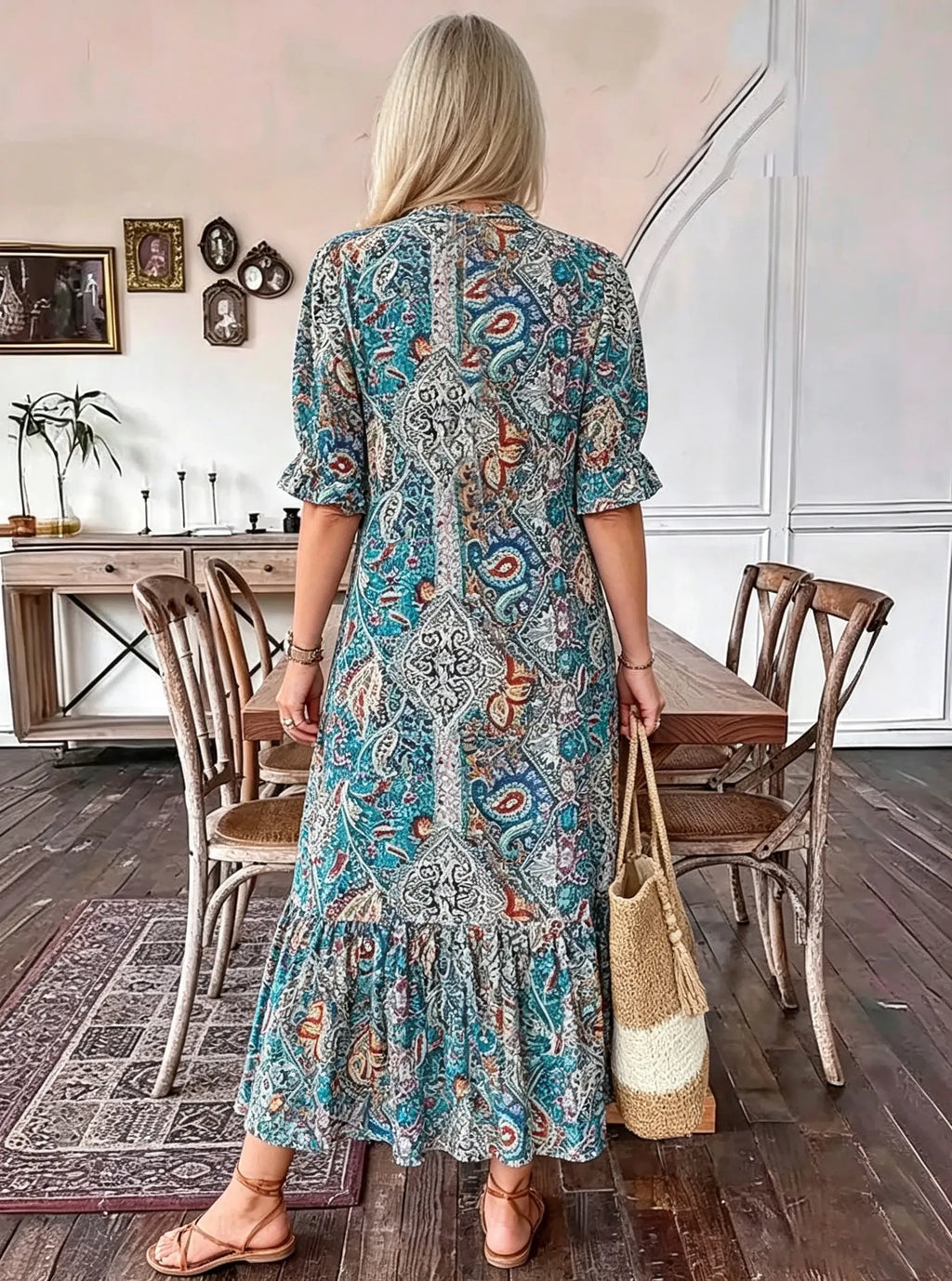 Vacation DRESS Paisley Bohemian Long Length Vintage Print Tassel Tie Neck Tunic Dress - Elegant Vacation Style with Drawstring, Ruffle Hem, and Random Printing