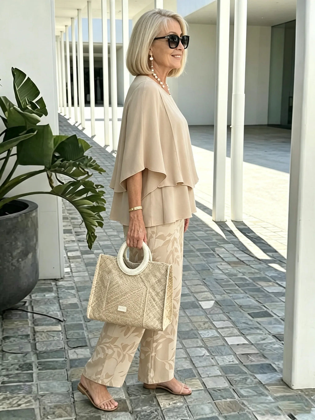 Women's 2 Piece Outfits Set, Crew Neck Flutter Sleeve Layered Blouse & Leaf Print Straight Leg Pants, Casual Loose Matching Two Piece Set for Summer Daily Wear