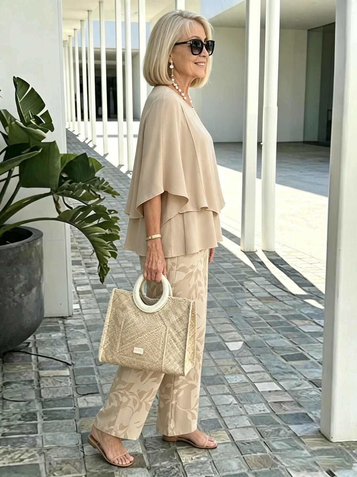 Women's 2 Piece Outfits Set, Crew Neck Flutter Sleeve Layered Blouse & Leaf Print Straight Leg Pants, Casual Loose Matching Two Piece Set for Summer Daily Wear