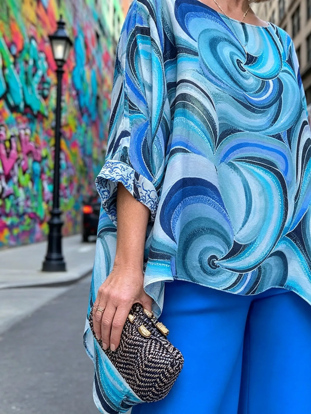 Vibrant Swirl Print Chiffon 2‐Piece Outfit, Loose Boat Neck Tunic Top & Bright Wide‐Leg Pants Set for Women
