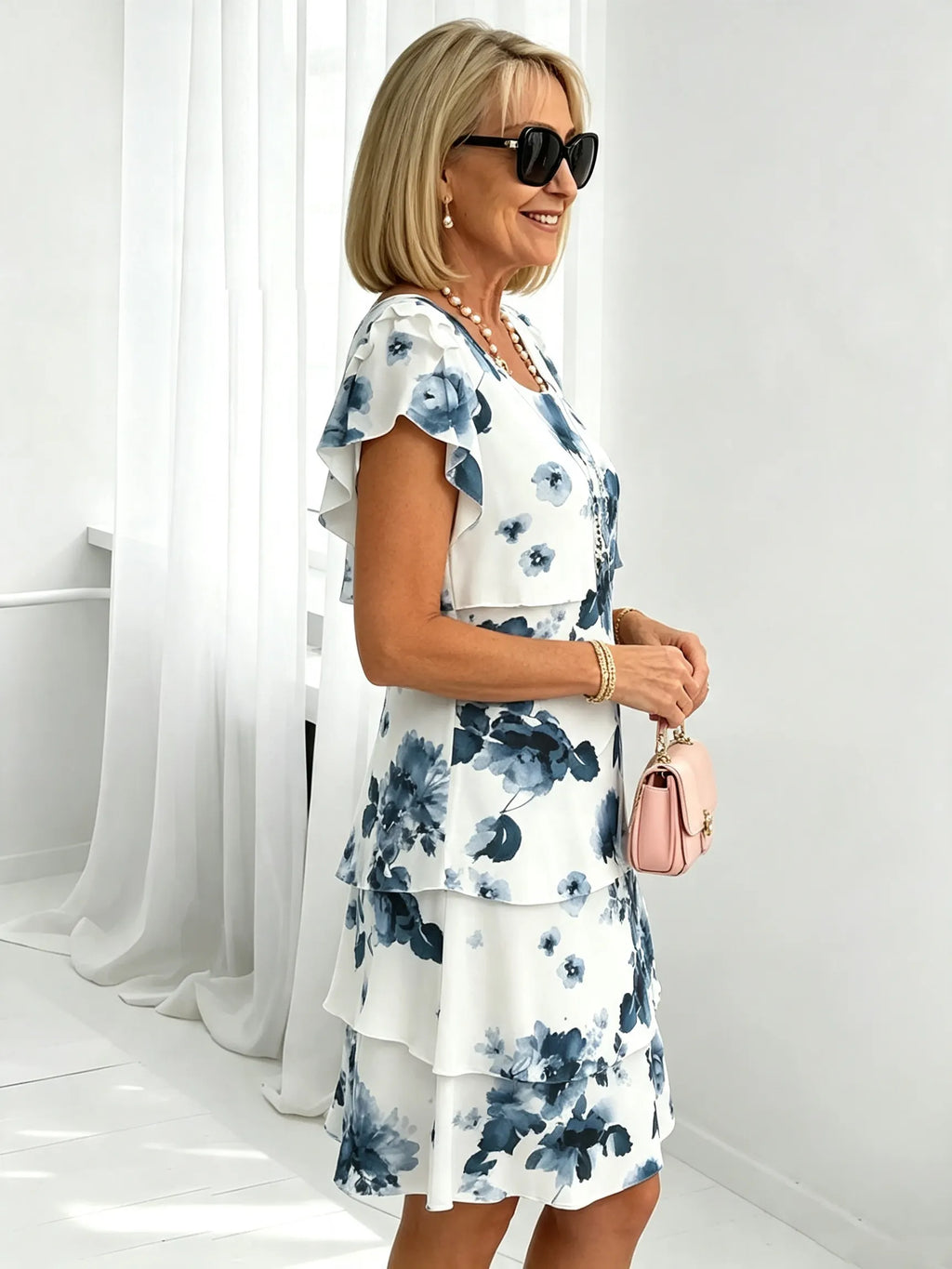Women's Floral Print Tiered Chiffon Dress, Short Flutter Sleeve Loose Multi-Layer Tummy Covering Shift Dress, Casual Summer Flowy Dress for Daily Vacation Beach