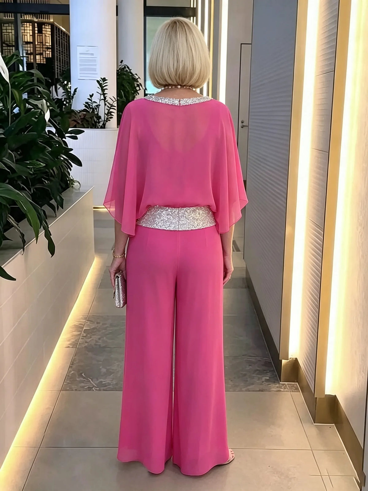2Pcs Shine Bright Pink Gorgeous Outfit with Sequins Wedding Tunic Party Suit  Chiffon Opaque Soft Fabric Two Piece Set