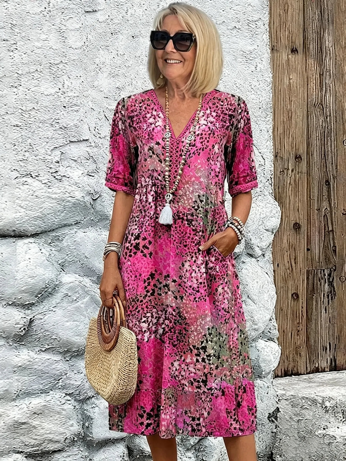 Vacation DRESS Women's Short Sleeve Summer Leopard Lace Dress V Neck Daily Going Out Casual Knee Length A-Line Khaki