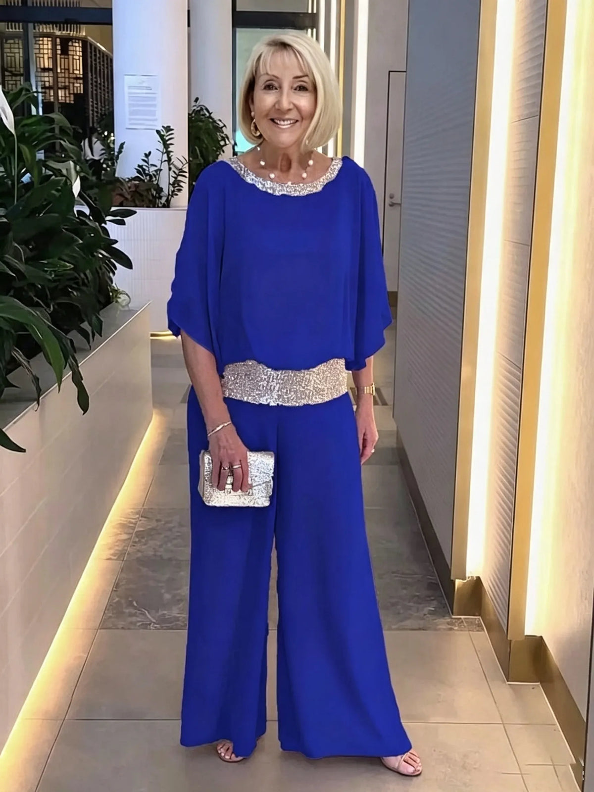 2Pcs Shine Bright Pink Gorgeous Outfit with Sequins Wedding Tunic Party Suit  Chiffon Opaque Soft Fabric Two Piece Set