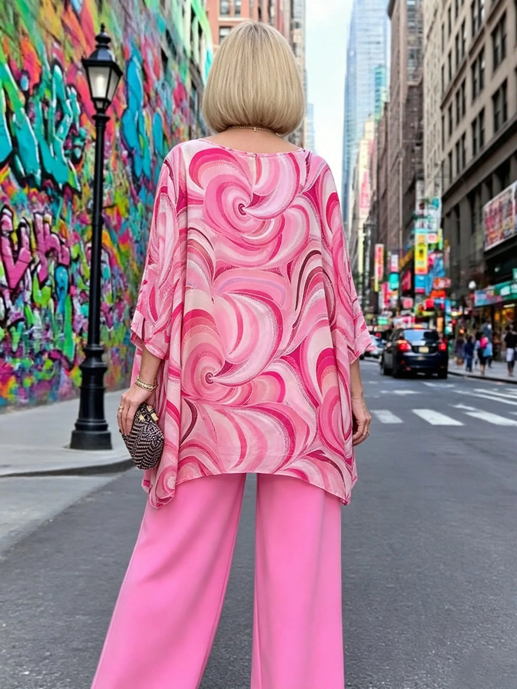 Vibrant Swirl Print Chiffon 2‐Piece Outfit, Loose Boat Neck Tunic Top & Bright Wide‐Leg Pants Set for Women