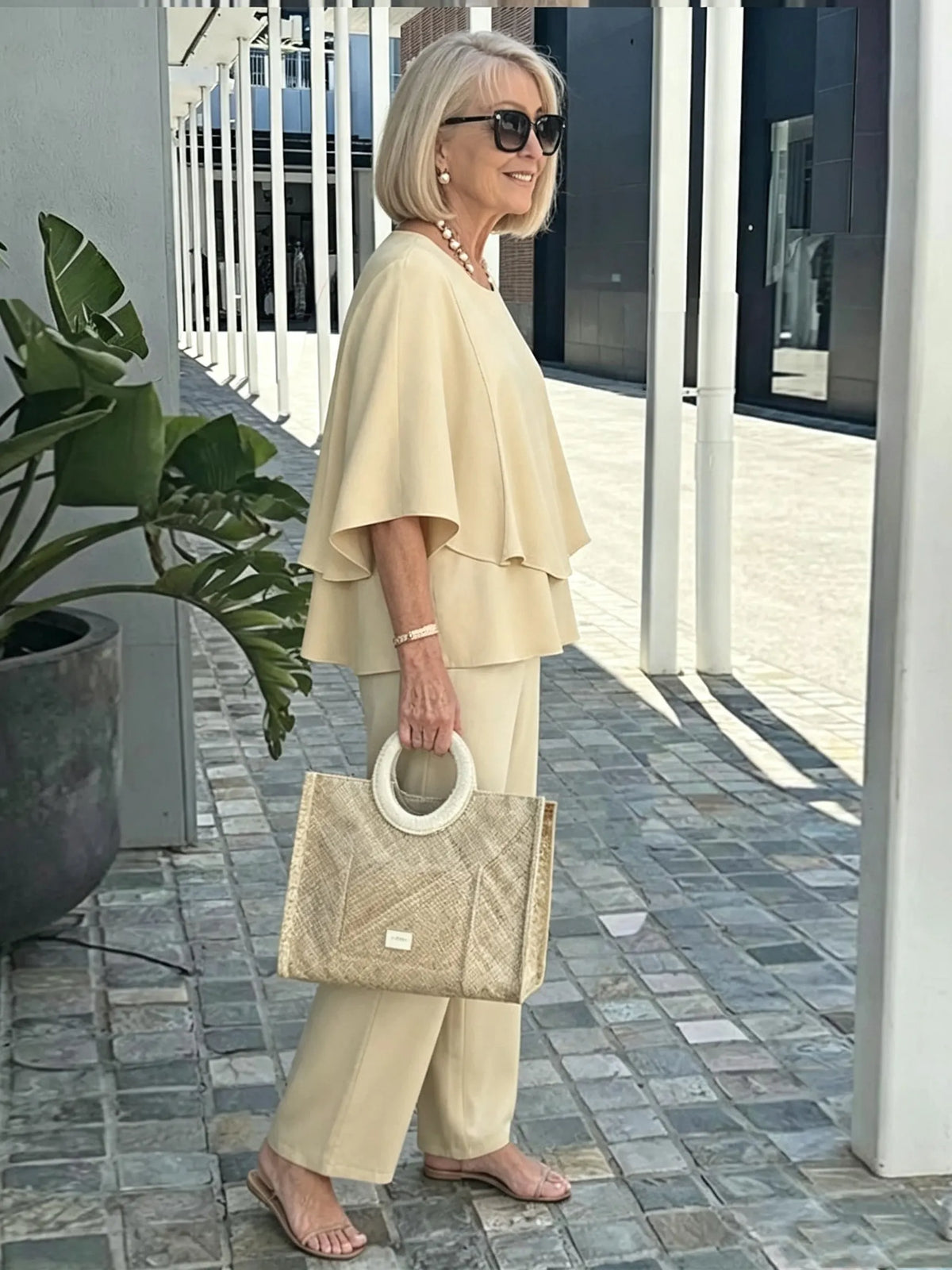 Women's 2 Piece Outfits Set, Crew Neck Flutter Sleeve Layered Blouse & Leaf Print Straight Leg Pants, Casual Loose Matching Two Piece Set for Summer Daily Wear