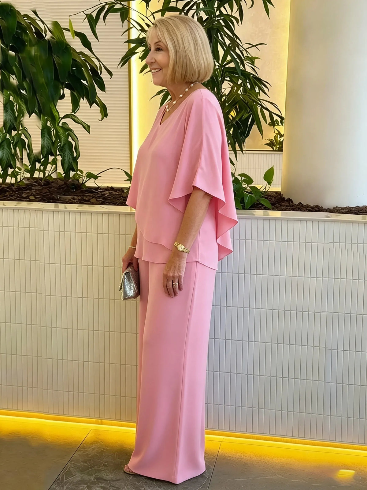 Women's 2 Piece Satin Pantsuit, V Neck Cape Flutter Sleeve Double Layer Tunic Top & Wide Leg Trousers, Elegant Loose Matching Outfit Set for Wedding Guest Formal Occasion