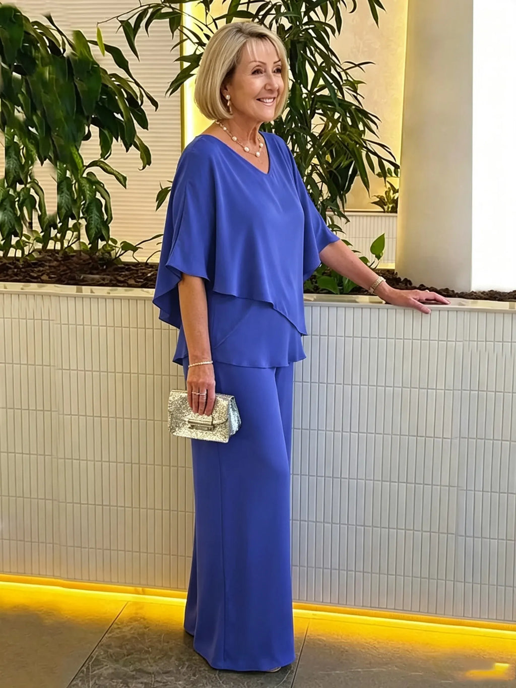 Women's 2 Piece Satin Pantsuit, V Neck Cape Flutter Sleeve Double Layer Tunic Top & Wide Leg Trousers, Elegant Loose Matching Outfit Set for Wedding Guest Formal Occasion