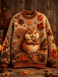Women's Autumn Squirrel Art Print Crew Neck Knit Sweater