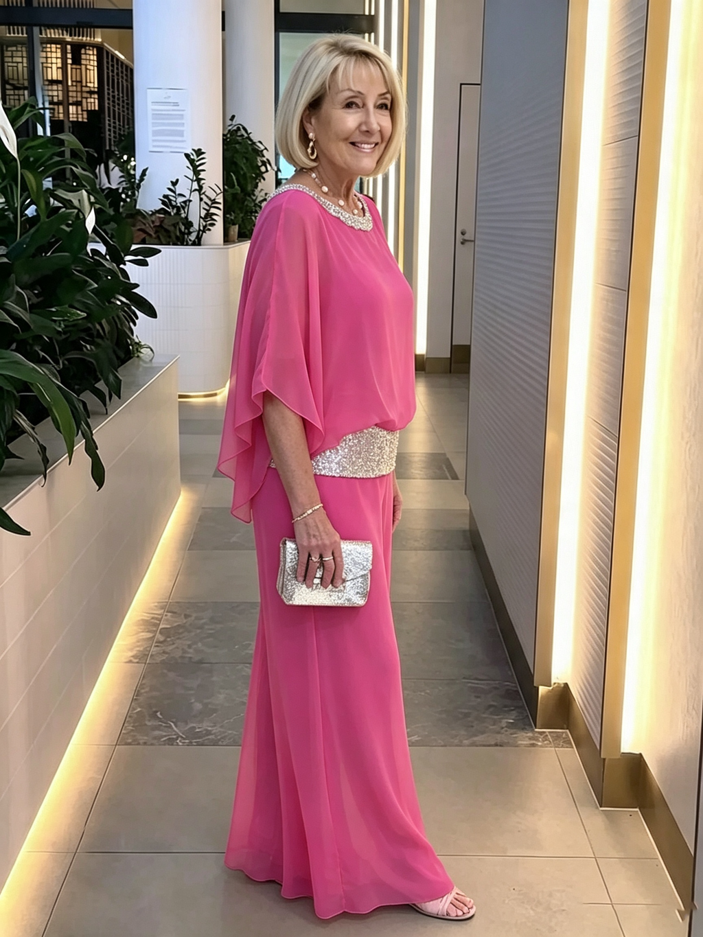 2Pcs Shine Bright Pink Gorgeous Outfit with Sequins Wedding Tunic Party Suit  Chiffon Opaque Soft Fabric Two Piece Set
