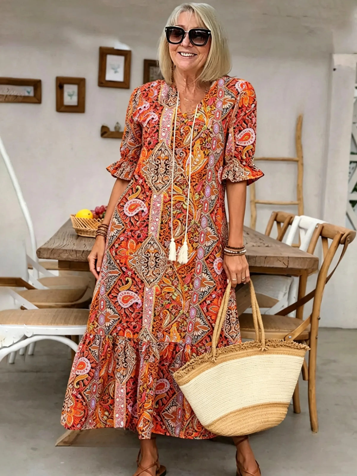 Vacation DRESS Paisley Bohemian Long Length Vintage Print Tassel Tie Neck Tunic Dress - Elegant Vacation Style with Drawstring, Ruffle Hem, and Random Printing