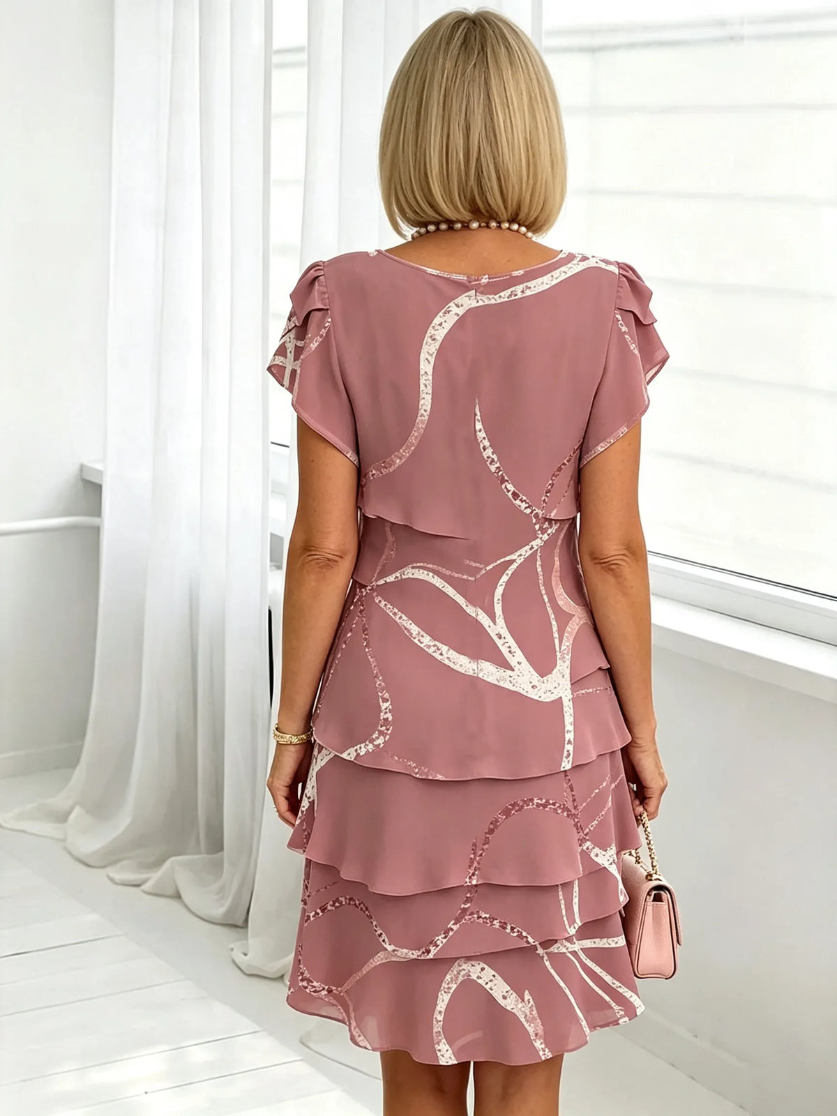 Women's Floral Print Tiered Chiffon Dress, Short Flutter Sleeve Loose Multi-Layer Tummy Covering Shift Dress, Casual Summer Flowy Dress for Daily Vacation Beach