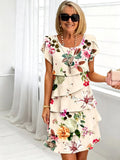 Women's Floral Print Tiered Chiffon Dress, Short Flutter Sleeve Loose Multi-Layer Tummy Covering Shift Dress, Casual Summer Flowy Dress for Daily Vacation Beach