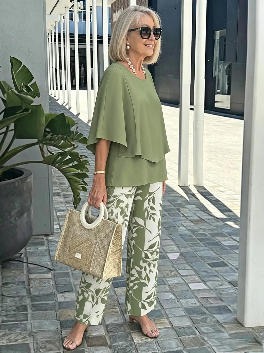 Women's 2 Piece Outfits Set, Crew Neck Flutter Sleeve Layered Blouse & Leaf Print Straight Leg Pants, Casual Loose Matching Two Piece Set for Summer Daily Wear