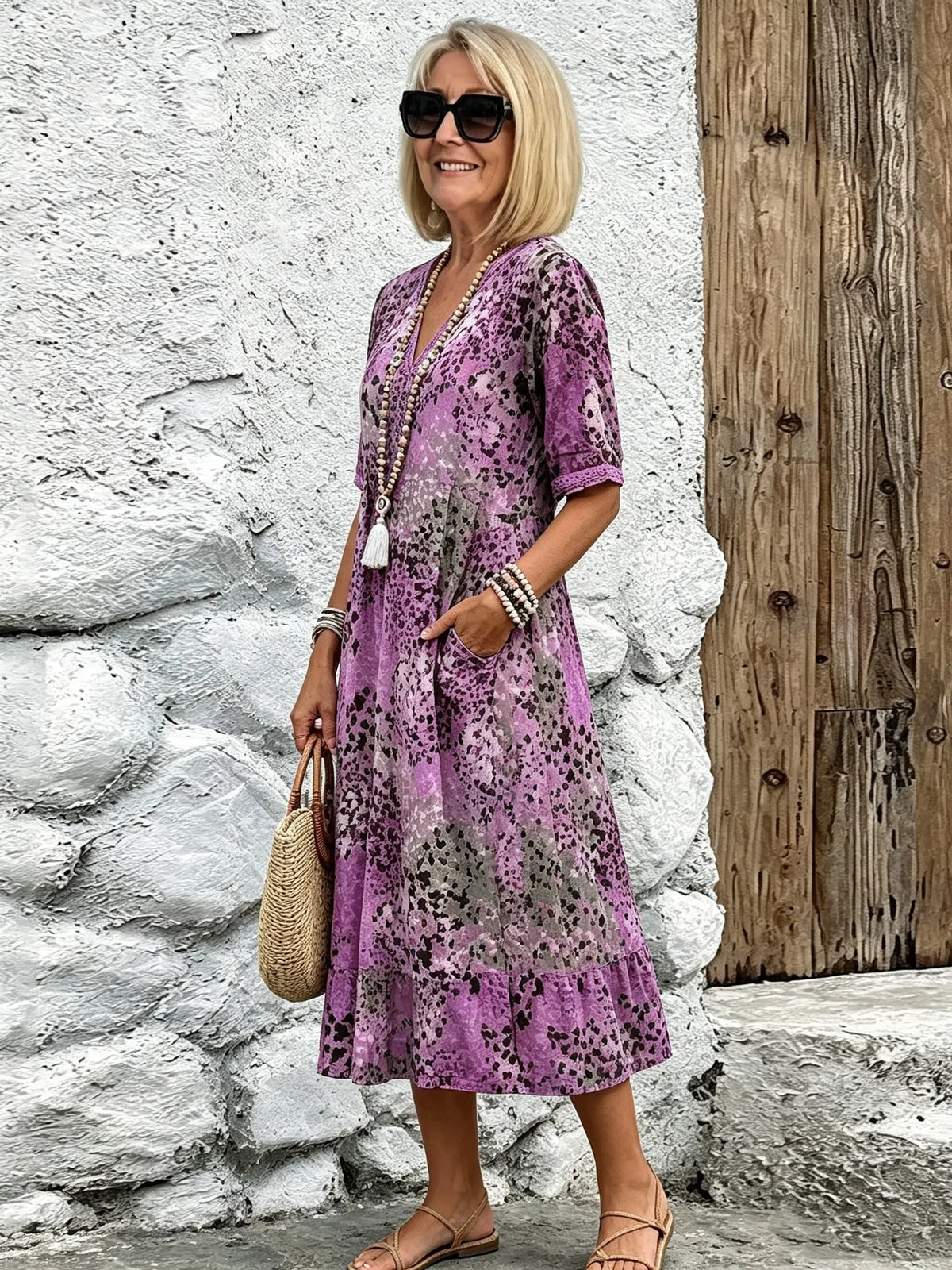 Vacation DRESS Women's Short Sleeve Summer Leopard Lace Dress V Neck Daily Going Out Casual Knee Length A-Line Khaki