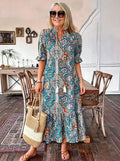Vacation DRESS Paisley Bohemian Long Length Vintage Print Tassel Tie Neck Tunic Dress - Elegant Vacation Style with Drawstring, Ruffle Hem, and Random Printing