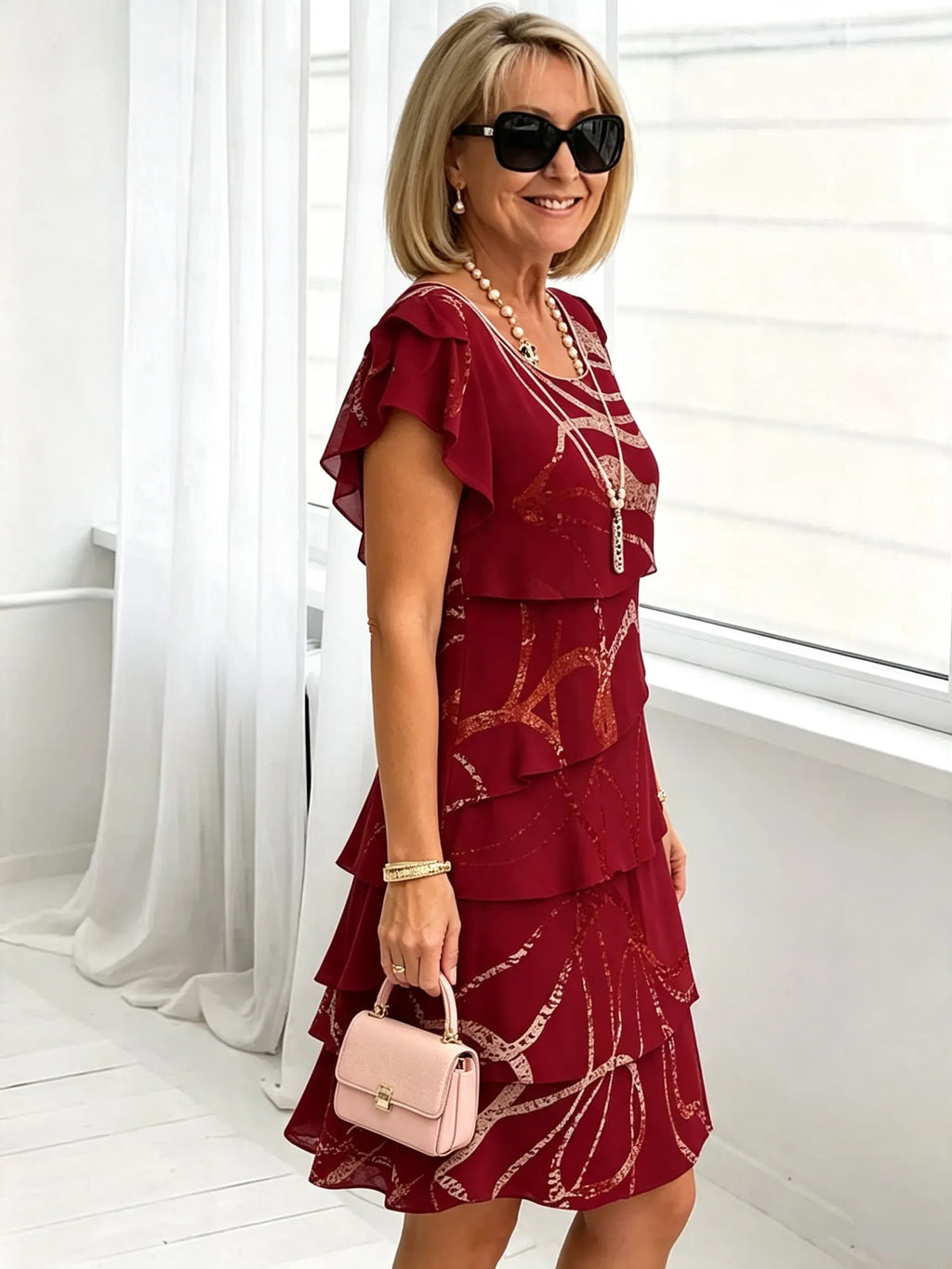 Women's Floral Print Tiered Chiffon Dress, Short Flutter Sleeve Loose Multi-Layer Tummy Covering Shift Dress, Casual Summer Flowy Dress for Daily Vacation Beach