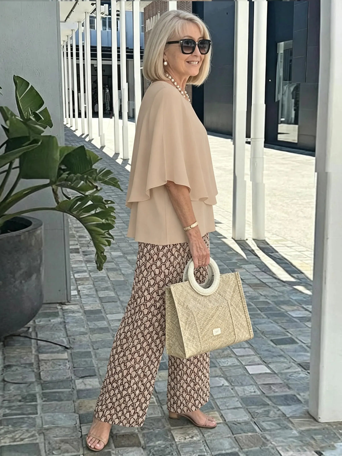 Women's 2 Piece Outfits Set, Crew Neck Flutter Sleeve Layered Blouse & Leaf Print Straight Leg Pants, Casual Loose Matching Two Piece Set for Summer Daily Wear