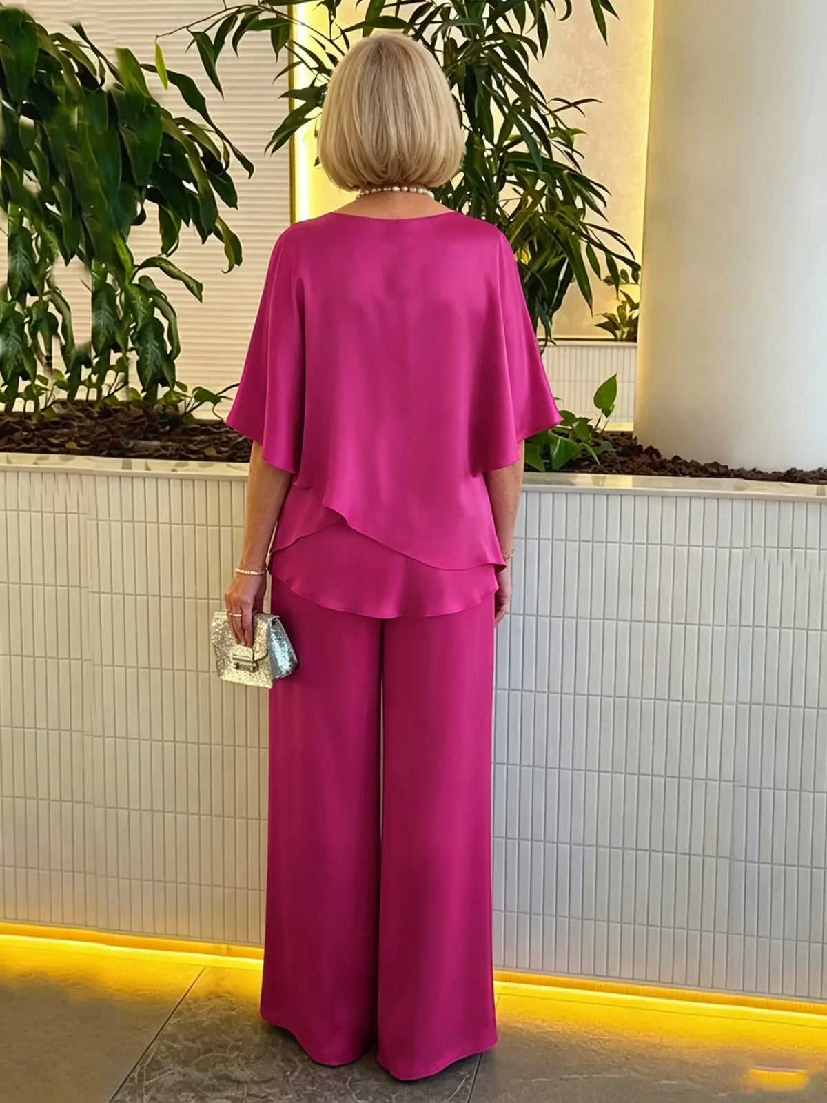 Women's 2 Piece Satin Pantsuit, V Neck Cape Flutter Sleeve Double Layer Tunic Top & Wide Leg Trousers, Elegant Loose Matching Outfit Set for Wedding Guest Formal Occasion