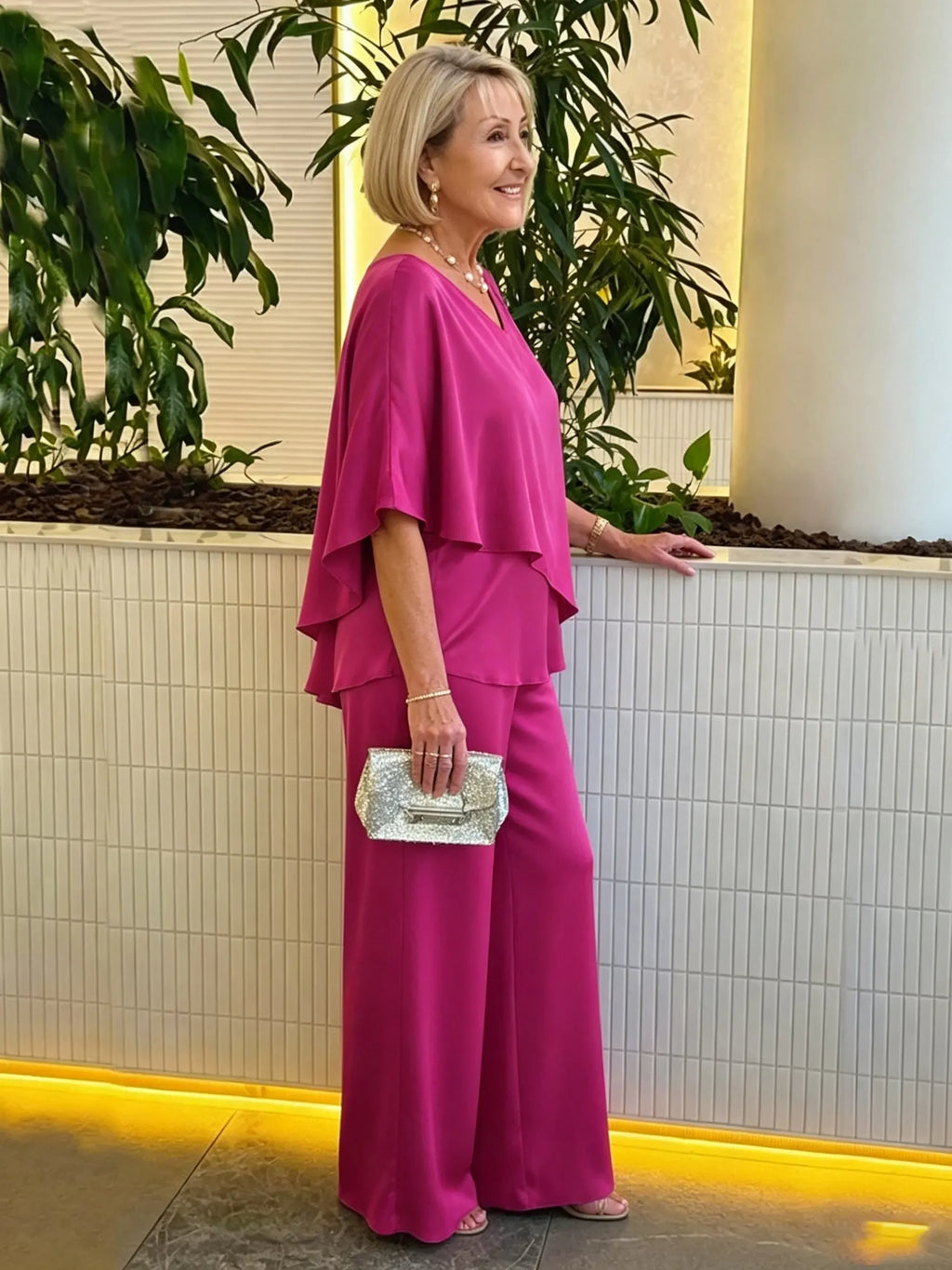Women's 2 Piece Satin Pantsuit, V Neck Cape Flutter Sleeve Double Layer Tunic Top & Wide Leg Trousers, Elegant Loose Matching Outfit Set for Wedding Guest Formal Occasion