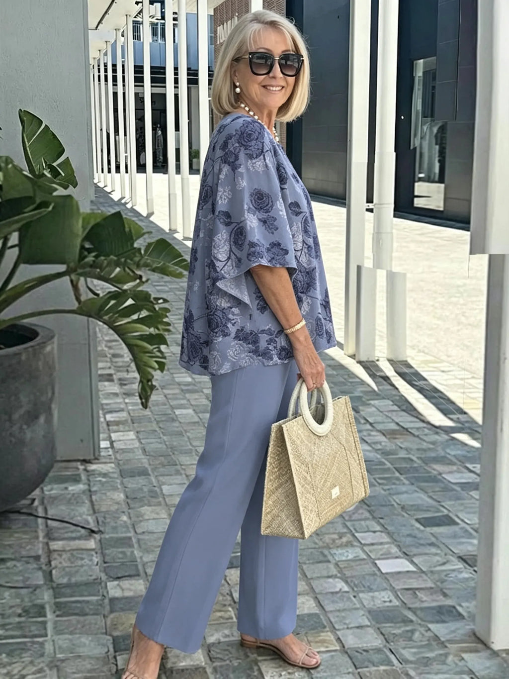 Women's 2 Piece Outfits Set, Crew Neck Flutter Sleeve Layered Blouse & Leaf Print Straight Leg Pants, Casual Loose Matching Two Piece Set for Summer Daily Wear