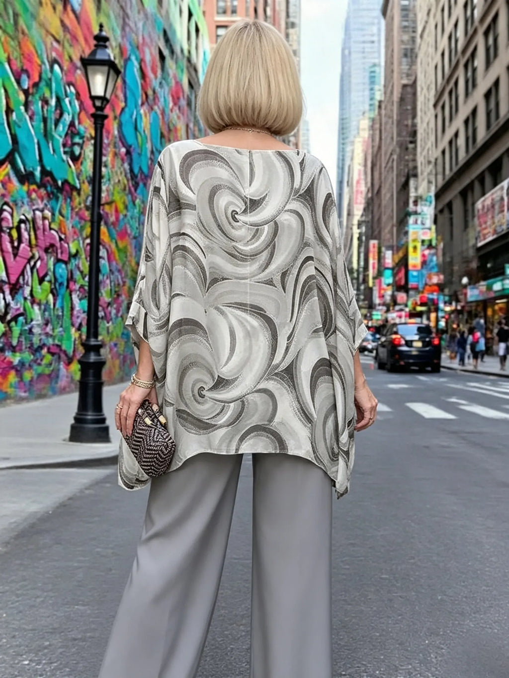 Vibrant Swirl Print Chiffon 2‐Piece Outfit, Loose Boat Neck Tunic Top & Bright Wide‐Leg Pants Set for Women