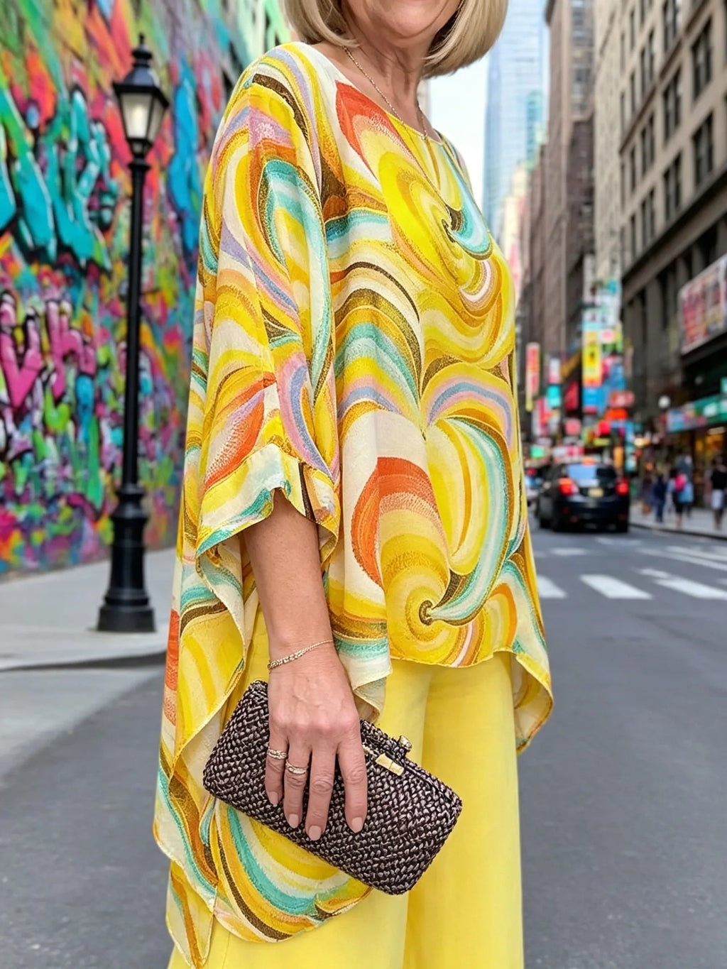 Vibrant Swirl Print Chiffon 2‐Piece Outfit, Loose Boat Neck Tunic Top & Bright Wide‐Leg Pants Set for Women