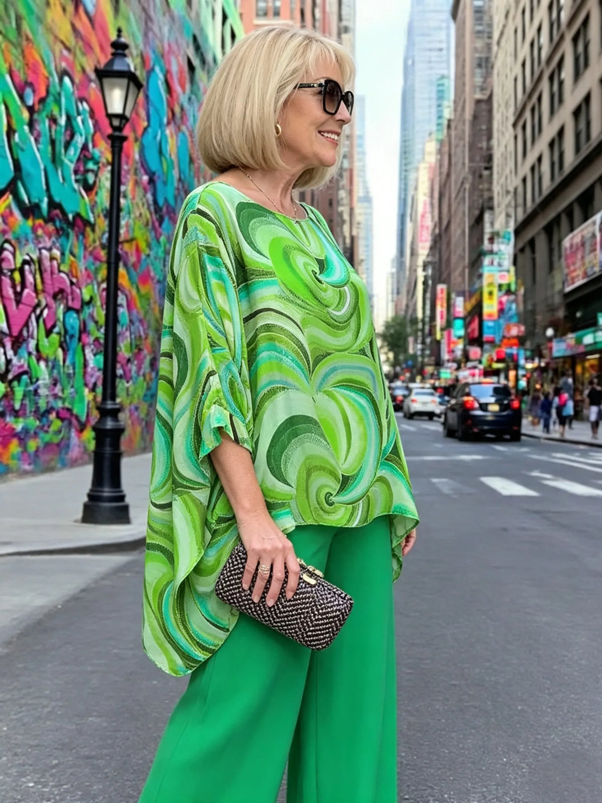 Vibrant Swirl Print Chiffon 2‐Piece Outfit, Loose Boat Neck Tunic Top & Bright Wide‐Leg Pants Set for Women
