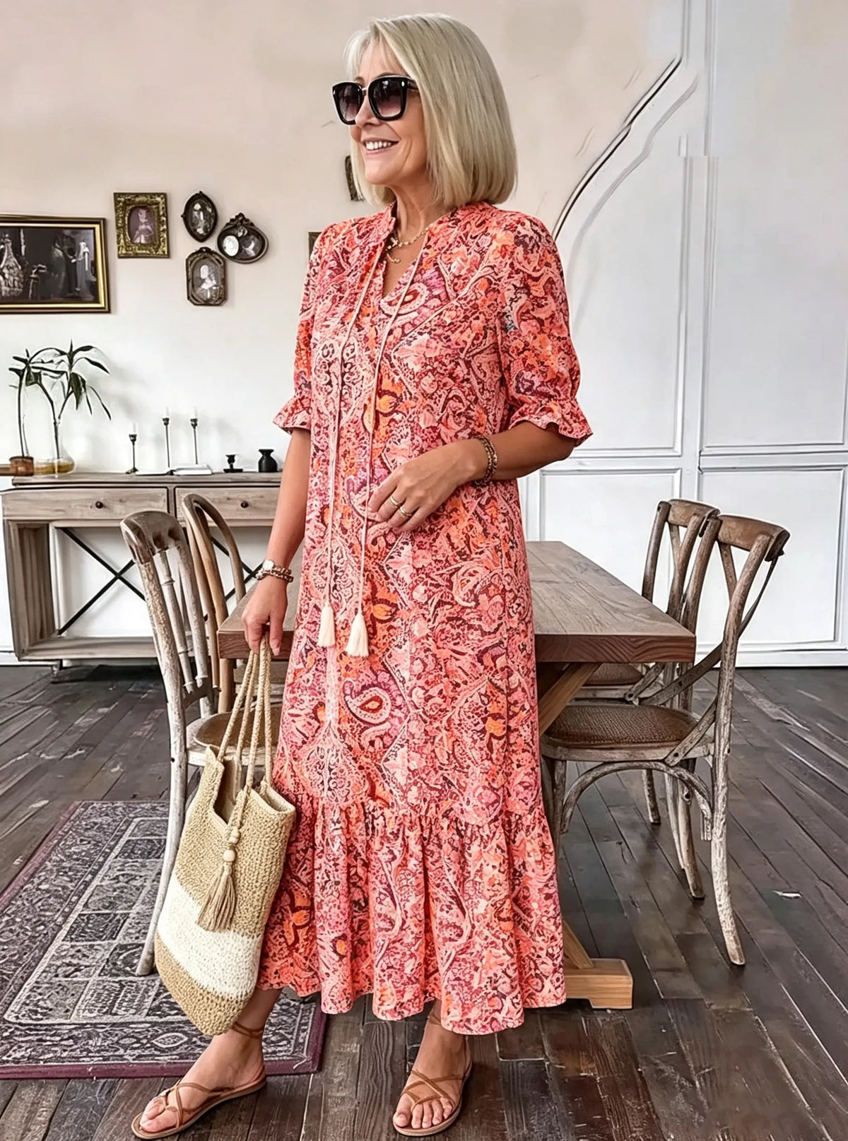 Vacation DRESS Paisley Bohemian Long Length Vintage Print Tassel Tie Neck Tunic Dress - Elegant Vacation Style with Drawstring, Ruffle Hem, and Random Printing