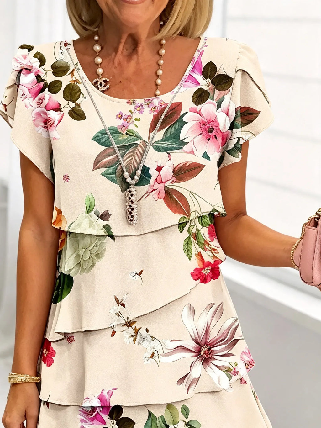 Women's Floral Print Tiered Chiffon Dress, Short Flutter Sleeve Loose Multi-Layer Tummy Covering Shift Dress, Casual Summer Flowy Dress for Daily Vacation Beach