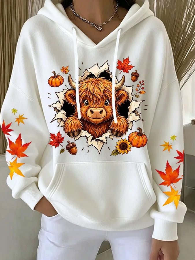 Women's Autumn Highland Cow Print Hoodie