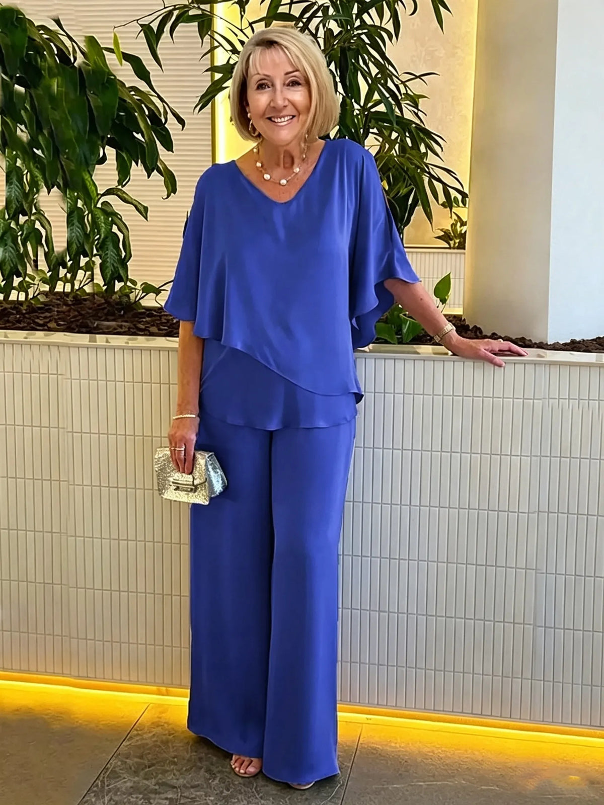 Women's 2 Piece Satin Pantsuit, V Neck Cape Flutter Sleeve Double Layer Tunic Top & Wide Leg Trousers, Elegant Loose Matching Outfit Set for Wedding Guest Formal Occasion