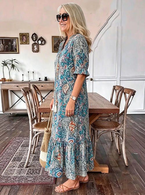 Vacation DRESS Paisley Bohemian Long Length Vintage Print Tassel Tie Neck Tunic Dress - Elegant Vacation Style with Drawstring, Ruffle Hem, and Random Printing