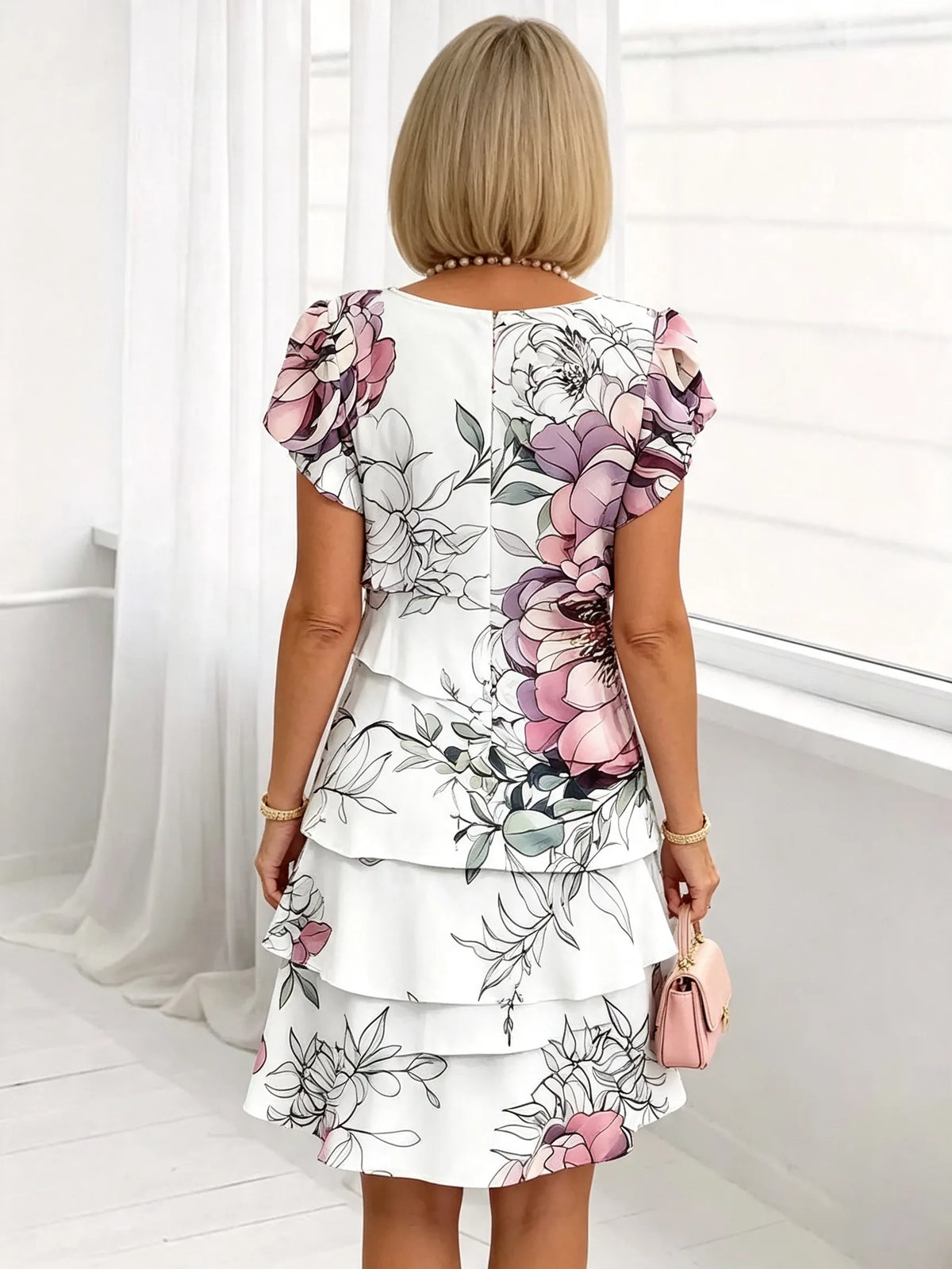 Women's Floral Print Tiered Chiffon Dress, Short Flutter Sleeve Loose Multi-Layer Tummy Covering Shift Dress, Casual Summer Flowy Dress for Daily Vacation Beach