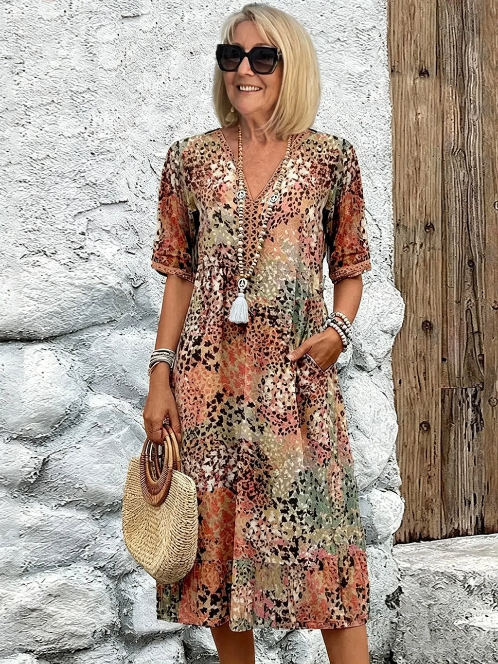 Vacation DRESS Women's Short Sleeve Summer Leopard Lace Dress V Neck Daily Going Out Casual Knee Length A-Line Khaki