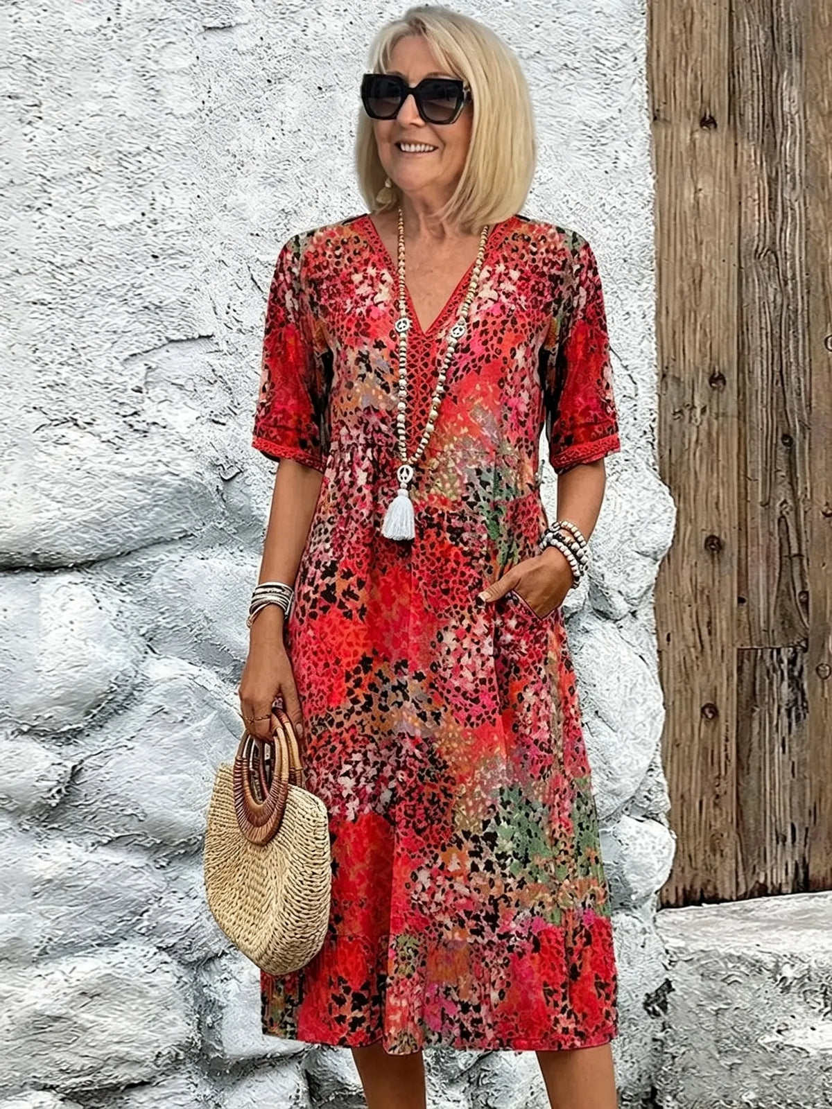 Vacation DRESS Women's Short Sleeve Summer Leopard Lace Dress V Neck Daily Going Out Casual Knee Length A-Line Khaki