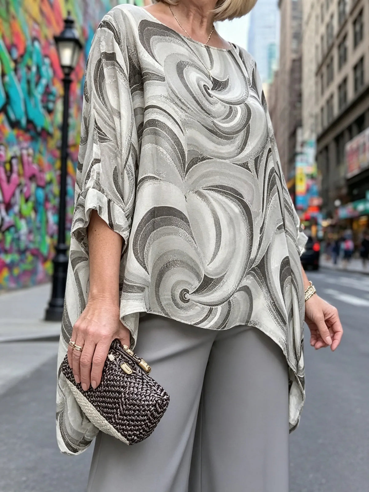 Vibrant Swirl Print Chiffon 2‐Piece Outfit, Loose Boat Neck Tunic Top & Bright Wide‐Leg Pants Set for Women