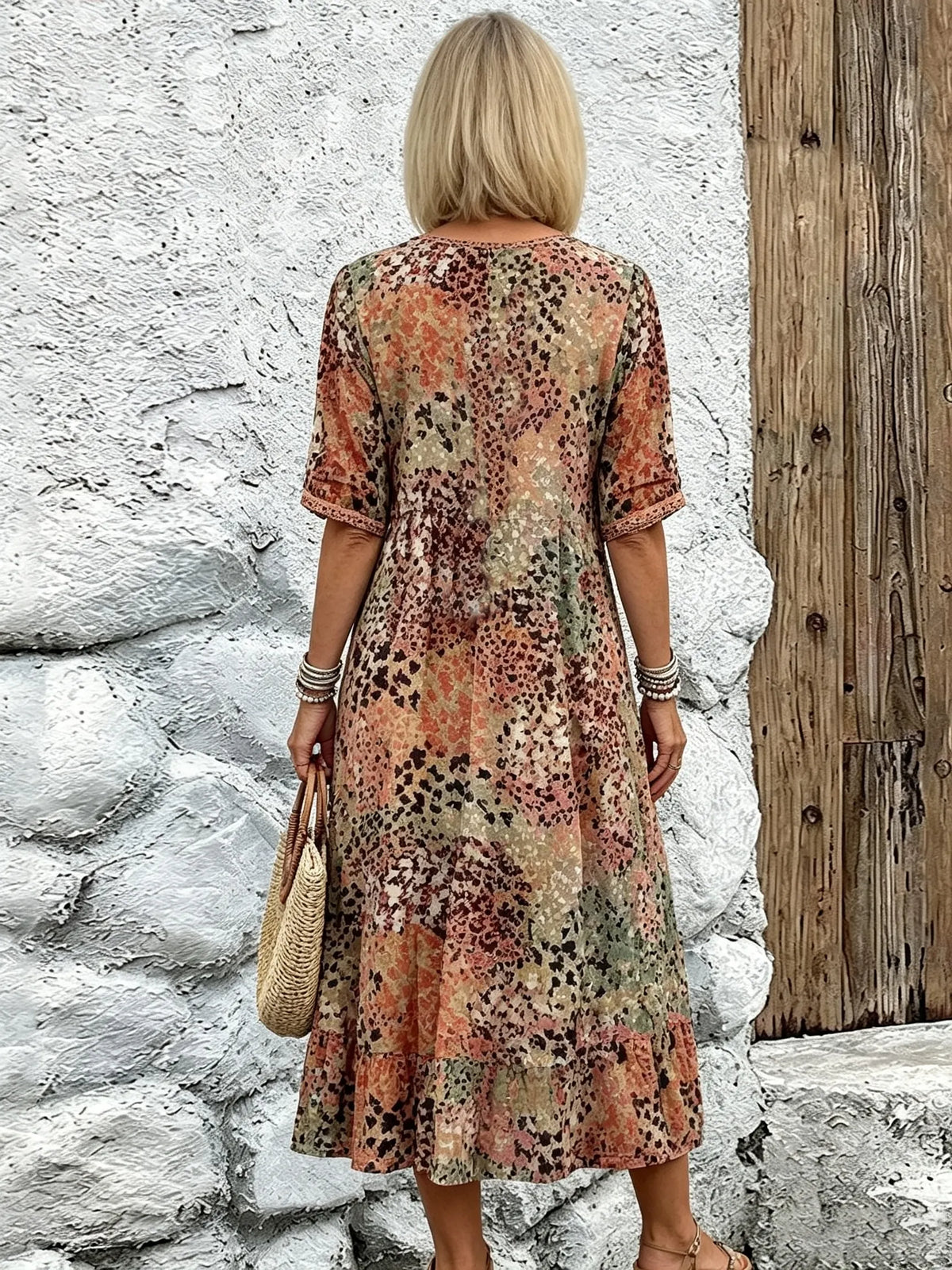 Vacation DRESS Women's Short Sleeve Summer Leopard Lace Dress V Neck Daily Going Out Casual Knee Length A-Line Khaki