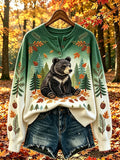 Women's Casual Print Button-Up Collar Knit Top