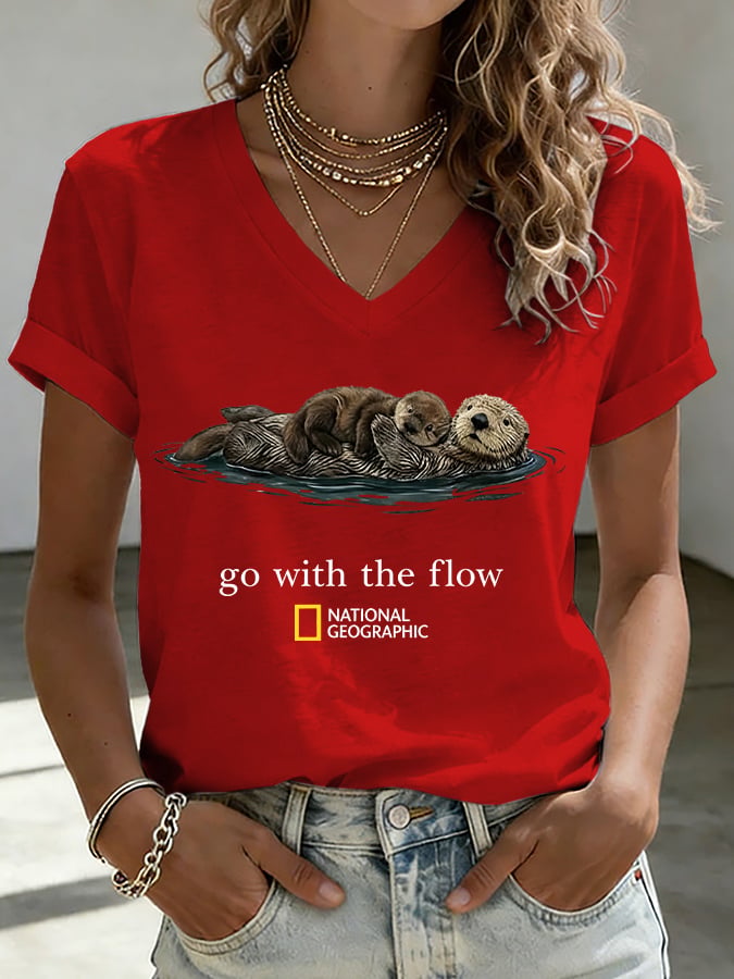V-Neck Retro Sea Otters Go With The Flow Print T-Shirt