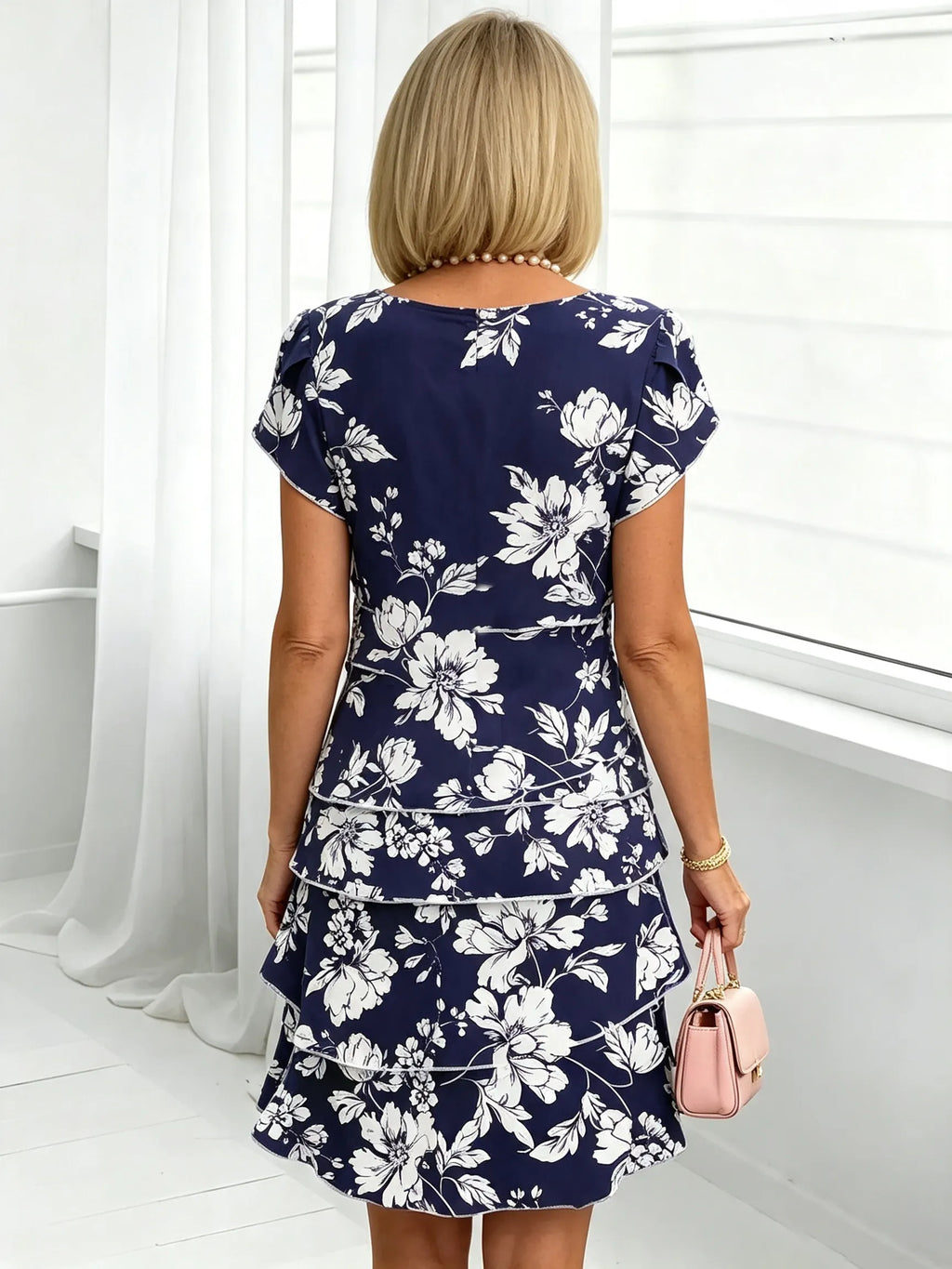 Women's Floral Print Tiered Chiffon Dress, Short Flutter Sleeve Loose Multi-Layer Tummy Covering Shift Dress, Casual Summer Flowy Dress for Daily Vacation Beach